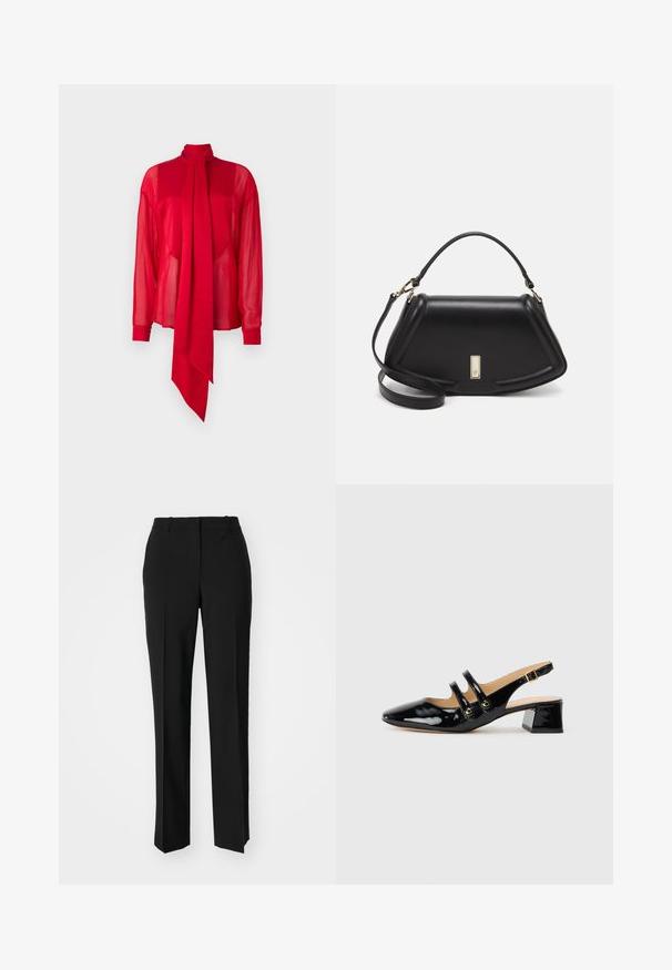 Rød, gjennomsiktig bluse med høy hals og lange ermer. Har et fremtredende, drapert sløyfedetalj foran og tettsittende mansjetter.; Sorte skreddersydde bukser med rett silhuett, med en glatt tekstur og klare pressede bretter foran. Ingen synlig maskinvare.; Sorte lakkert skinn slingback-sko med spiss tå, to stroppedetaljer, gullrunde detaljer og en lav blokkhæl.; Sort lærveske med en strukturert design, som har en avkortet form, topphåndtak og detaljer i gull. Justerbar skulderstropp inkludert.
