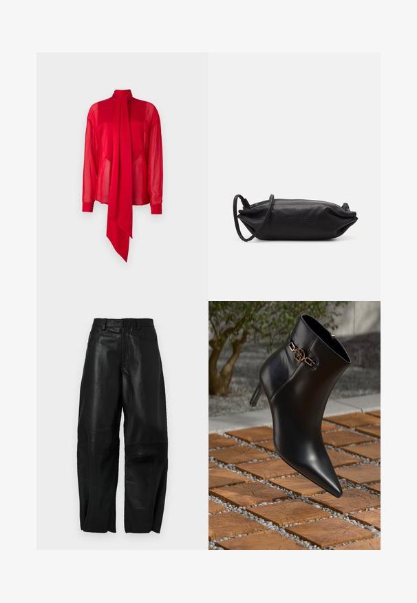 Κόκκινη, διάφανη μπλούζα με ψηλό λαιμό και μακριά μανίκια. Διαθέτει μια εντυπωσιακή, κρεμαστή λεπτομέρεια φιόγκου μπροστά και στενά μανίκια.; Μαύρα δερμάτινα παντελόνια με άνετη εφαρμογή, διαθέτοντας σχέδιο ίσιας γραμμής, μπροστινές τσέπες και ορατές ραφές.; Μαύρη δερμάτινη μπότα μέχρι τον αστράγαλο με μυτερή μύτη και μικρό τακούνι. Διαθέτει χρυσή αλυσίδα στη περιοχή του αστραγάλου. Περιτριγυρισμένη από μια υφασμάτινη επιφάνεια.; Μαύρη δερμάτινη τσάντα φάκελος με ορθογώνιο σχήμα, λεία υφή, λεπτό λουράκι ώμου και μινιμαλιστικό σχέδιο.