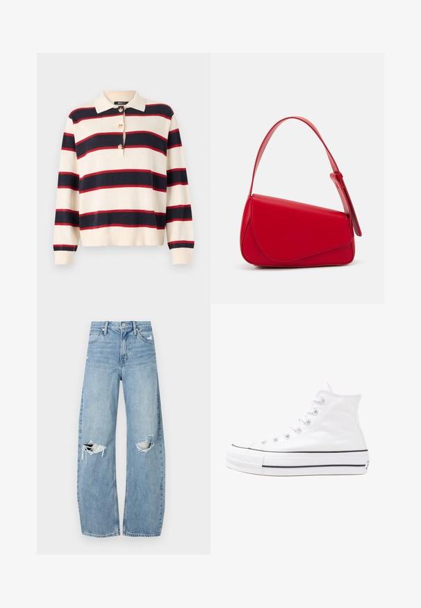 Krém színű pulóver kék és piros vízszintes csíkokkal; gallérral és háromgombos legömbölyített nyakkal rendelkezik. Puha kötött anyagból készült, laza szabású.; Világoskék, magas derekú farmernadrág. Széles lábakkal, két szakadt térddel és klasszikus öt zsebes dizájnnal rendelkezik.; Fehér magaskorsó vászon sportcipő fekete gumi talppal, elülső gumi orrnyereggel és hat fűzőlyukkal, letisztult, minimalista dizájnnal.; Piros bőr kézitáska szögletes, geometrikus kialakítással. Egy állítható pánttal és varrott részletekkel ellátott fedélzárral rendelkezik.