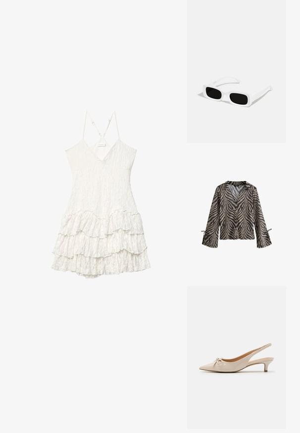 Long-sleeve, lightweight shirt featuring a beige and black tiger stripe pattern, button front, and tied cuffs for adjustable fit.; White sleeveless lace dress with V-neck, adjustable thin straps, and layered ruffle skirt detail.; Beige patent leather slingback heels with a pointed toe and a decorative bow on the vamp. Includes a low, slender heel and smooth texture.; White rectangular sunglasses with black lenses, featuring a matte finish and smooth texture. The arms are sleek and slightly curved.; White leather handbag featuring a curved shape, adjustable strap, and top zipper closure. Smooth texture with minimal hardware details.