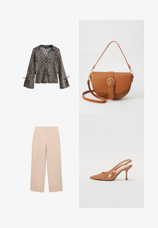 Cămașă ușoară cu mâneci lungi, cu un model de dungi de tigru bej și negru, cu închidere cu nasturi și manșete legate pentru o ajustare confortabilă.; Pantaloni largi bej, confecționați dintr-un material neted, cu un față plată, bucle pentru curea și fără modele sau accesorii vizibile.; Pantofii cu toc slingback, cu vârful ascuțit, dintr-un material tan neted și strălucitor. Prezintă un design cu decupaj curbat și un toc subțire stil stiletto. Detaliu cu cataramă argintie.; Geantă din piele maro, tip crossbody, cu o formă curbată, accesorii aurii și un accent cu cataramă. Dispune de un curea de umăr detașabilă.