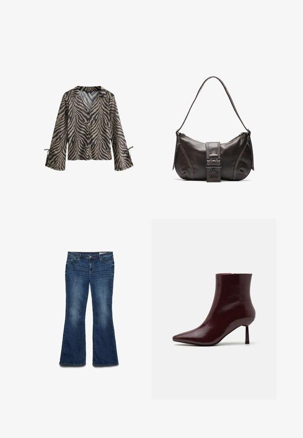 Koszula z długim rękawem, lekka, z beżowo-czarnym wzorem w paski tygrysa, z zapięciem na guziki z przodu i związanymi mankietami, umożliwiająca regulację dopasowania.; Rozszerzane niebieskie dżinsy z średnim wykończeniem, z pięcioma kieszeniami, z przodu zapinane na guzik oraz z przeszyciami wzdłuż szwów.; Burgundowe lakierowane botki za kostkę z ostrym noskiem i smukłym obcasem w szpilkę, charakteryzujące się gładką, błyszczącą teksturą i minimalistycznym designem.; Brązowa skórzana torba na ramię w kształcie łuku, z wyraźnym detalem klamry, kontrastowym przeszyciem i pojedynczym paskiem na ramię.; Złote kolczyki w kształcie obrączek o smukłej, otwartej konstrukcji. Gładka tekstura z wypolerowanym wykończeniem, bez ozdób lub wzorów.
