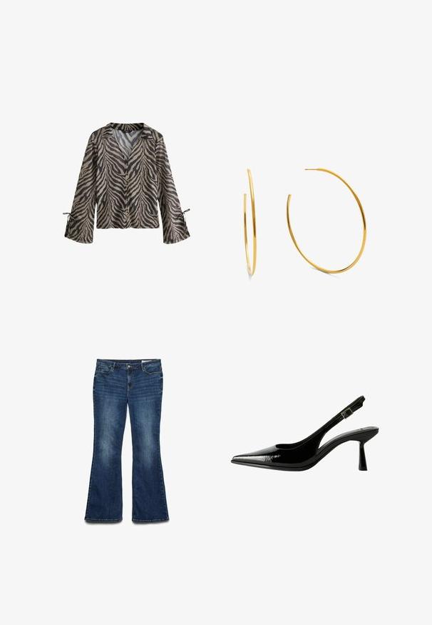 Chemise à manches longues légère avec un motif de rayures de tigre beige et noir, fermeture à boutons à l'avant, et poignets noués pour un ajustement réglable.; Jeans en denim bleu évasés avec une finition de lavage moyen, dotés de cinq poches, d'une fermeture à bouton à l'avant et de détails brodés le long des coutures.; Racine à talon en cuir verni noir avec un nez pointu, des côtés découpés, une bride de cheville ajustable et un talon fin et élégant.; Boucles d'oreilles en or avec un design en forme de boucle ouverte et élancée. Texture lisse avec une finition polie, sans embellissements ni motifs.