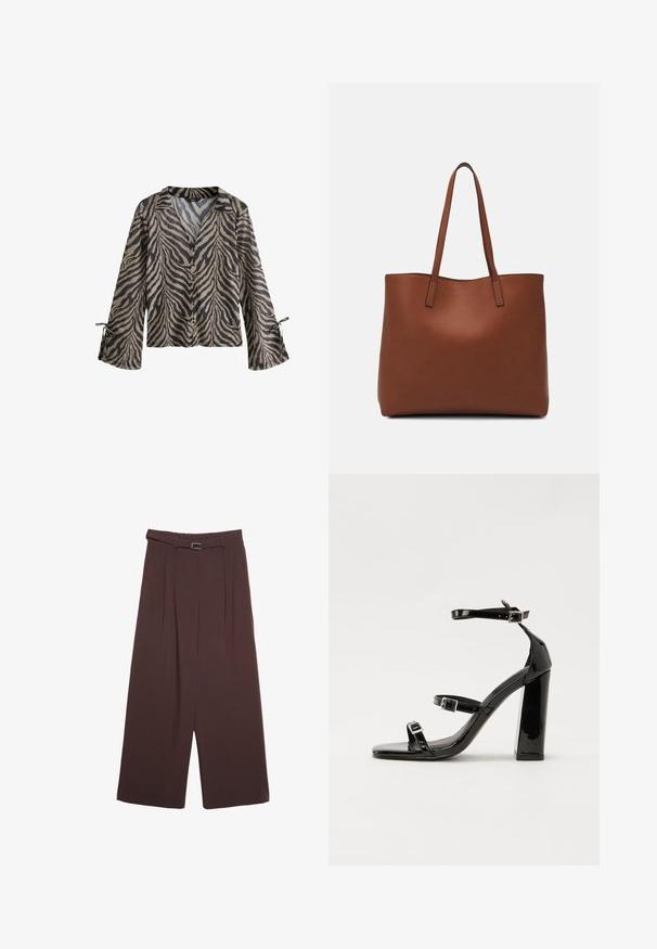 Dlouhý rukáv, lehká košile s béžovým a černým pruhovaným vzorem tigra, zapínání na knoflíky vpředu a zavazovací manžety pro nastavitelný střih.; Stradivarius WIDE-LEG WITH BUCKLE DETAIL - Kalhoty - dark brown; Černé lakované sandály na podpatku se čtveratou špičkou, lýtkovými pásky a stříbrnými přezkami. Disponují masivním blokovým podpatkem pro stabilitu.; Hnědá kožená taška přes rameno s hladkou texturou, otevřeným designem a dvěma ramenními popruhy. Obsahuje minimální švy a žádné viditelné kovové prvky.