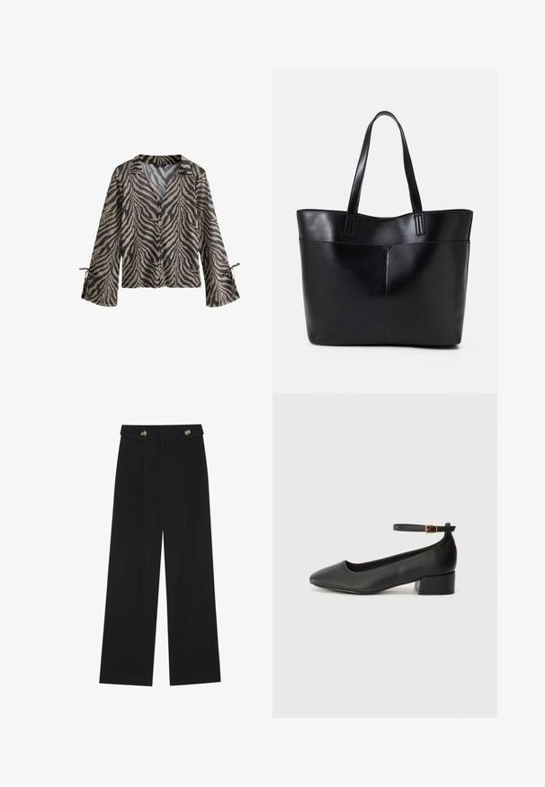 Chemise à manches longues légère avec un motif de rayures de tigre beige et noir, fermeture à boutons à l'avant, et poignets noués pour un ajustement réglable.; Pantalons larges noirs à taille haute, avec des détails de boutons à la taille et des plis sur le devant.; Escarpin en cuir noir avec un bout pointu et un petit talon bloc. Doté d'une bride de cheville avec une boucle dorée. Texture lisse.; Sac fourre-tout en cuir noir avec deux longues poignées, une texture lisse et une forme structurée. Dispose d'une poche avant pour un rangement supplémentaire.