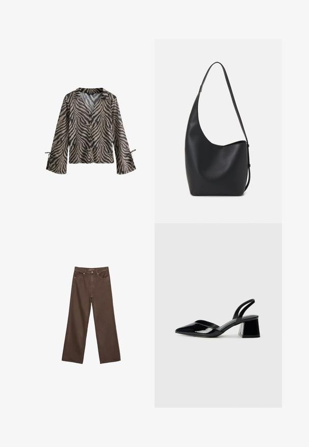 Dlhý rukáv, ľahká košeľa s béžovo-čiernym tigrovým pruhom, gombíkovým zapínaním vpredu a viazanými manžetami pre nastaviteľný strih.; Džínsy s širokými nohavicami v hnedej farbe, vyrobené z denimu, so zvýšeným pásom, prednými vreckami a klasickým zapínaním na gombík. Hladká textúra s jemným prešívaním.; Čierne lakované kožené sandálové podpätky s špicatou špičkou a geometrickým blokovým podpätkom. Disponujú elegantným, minimalistickým dizajnom a hladkým povrchom.; Čierna kožená hobo taška so hladkou textúrou, zakriveným tvarom a jedným nastaviteľným popruhom; má široké otvorenie na vrchu.