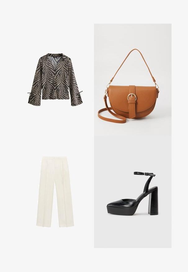 Lange mouwen, lichtgewicht shirt met een beige en zwarte tijgerstreep patroon, knopen aan de voorkant en gestrikte manchetten voor een verstelbare pasvorm.; Wijdgevallen broeken in een lichtcrème kleur. Gemaakt van een zachte stof met plooien aan de voorkant en zijzakken.; Zwarte plateauhakken met een puntige neus en verstelbare enkelband. Gemaakt van soepel leer, met een robuuste blokhak.; Bruine leren schoudertas met een gebogen vorm, gouden hardware en een gespaccent. Bevat een afneembare schouderriem.