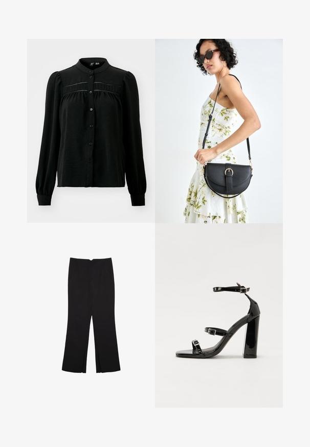 Vero Moda VMEMMA - Camicia - black; Pantaloni neri a gamba dritta, con tasche frontali e spacchi laterali all'orlo. Realizzati in tessuto morbido e liscio. Adatti a diverse occasioni.; Sandali con tacco in vernice nera, con punta squadrata, cinturini alla caviglia e fibbie in argento. Presentano un tacco a blocco spesso per maggiore stabilità.; Borsa a tracolla nera in pelle con una forma curva, manico rimovibile e accessori dorati. La borsa presenta una patta con un dettaglio a fibbia.