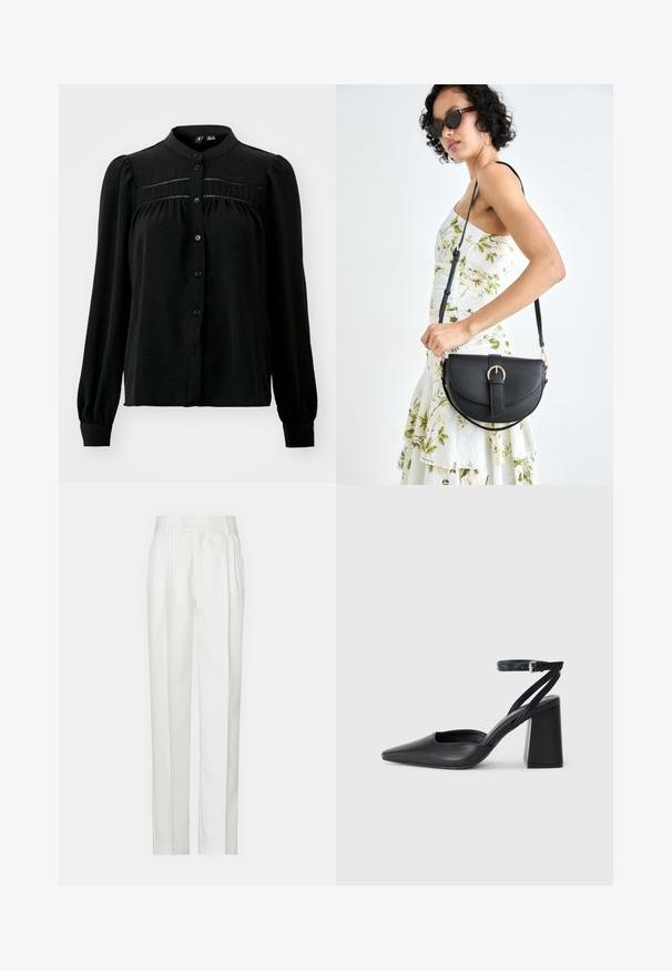Vero Moda VMEMMA - Bluza s gumbima - black; Bijele hlače s prugicama ravnog kroja, izrađene od laganog materijala. Imaju nabore sprijeda i tradicionalni pojas.; Crne kožne cipele s špicastim vrhom, remenom oko gležnja i debelim potplatom. Ravna tekstura, elegantan dizajn i minimalistička estetika.; Crna kožna torba s lukovitim oblikom, odvojivim remenom i zlatnim detaljima. Torba ima preklop s kopčom.