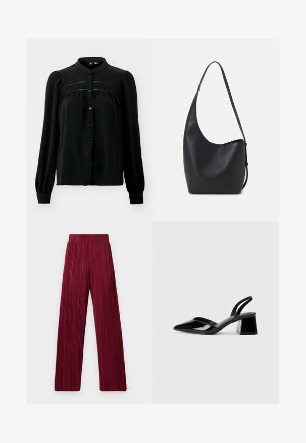 Vero Moda VMEMMA - Camicia - black; Pantaloni ampi a pieghe color bordeaux con elastico in vita. Tessuto testurizzato con strisce verticali. Taglio dritto fino all'orlo.; Décolleté in vernice nera con punta affusolata e tacco in geometria cubica. Presentano un design elegante e minimalista, con una texture liscia.; Borsa hobo nera in pelle con una superficie liscia, forma curvata e una singola tracolla regolabile; presenta un'ampia apertura nella parte superiore.