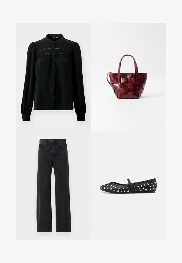 Vero Moda VMEMMA - Camicia - black; Jeans in denim nero con un design a gamba larga, caratterizzati da un classico stile a cinque tasche, chiusura con bottone e leggere sfumature.; Ballet flat nera in pelle, con decorativi borchie in argento. Include una cinghia sul piede e un design a punta rotonda.; Borsa a tote in pelle borgogna intrecciata con due manici corti e una tracolla rimovibile. Presenta una forma strutturata e una texture liscia.