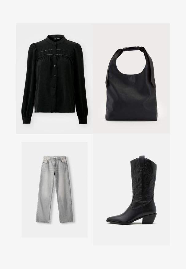 Vero Moda VMEMMA - Bluza z gumbi - black; Svetlo srebrn jeans z ravnim krojem, ki ima dva sprednja žepa, zapiranje na gumb in subtilno zbledelost za teksturo.; Črne usnjene kavalirske čevlje s koničastim nosom, embosiranimi valovitimi vzorci in srednje visokim peto. Imajo zanko za enostavno obuvanje.; Črna usnjena torba hobo z enim mehkobnim, okroglim ročajem; ima gladko teksturo in minimalističen dizajn. Brez vidnih kovinskih delov ali poudarkov.