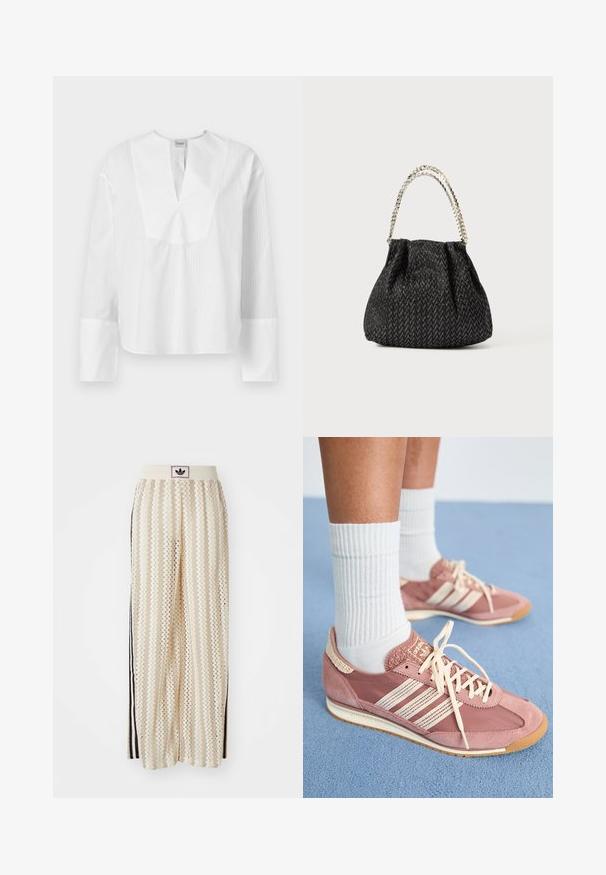 Balta garu piedurkņu blūze ar sadalītu kakla izgriezumu un kontrastējošām teksturētām svītrām. Īpatnība ir kvadrātveida piegriezums un platas piedurknes ar baltām aprocēm.; Krēmbalti plaša piegriezuma bikses ar zigzaga rakstu, ar melnu logotipa jostu un melnām sānu svītrām. Viegls, teksturēts audums.; Rozā zamšādas un neilona sporta apavi ar baltām svītrām un auklām. Tekstūras akcenti un viegla gumijas zole. Kombinēti ar baltām ribotām zeķēm.; Melnā teksturētā roku soma ar zīda rakstu, savilkta dizaina un metāla ķēdes rokturi. Mīksta auduma virsma nodrošina elegantu izskatu.