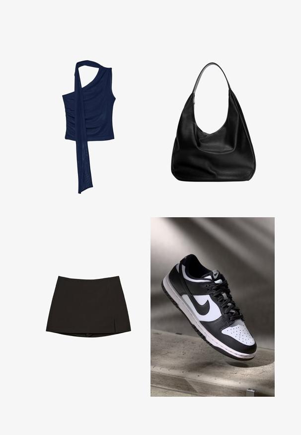 Námořnická modrá top s jedním ramenem vyrobený z měkké tkaniny s volně padením šátku. Obsahuje zpevněnou stranu pro texturu. Klasický a elegantní design.; Černá minisukně z hladké látky, s rovný střihem, bočními rozparky a čistým lemem. Jednoduchá a univerzální.; Černobílé tenisky Nike Dunk Low s koženým svrškem, perforovanou špičkou a černými tkaničkami, s bílou podrážkou a akcenty loga.; Černá kožená hobo taška s volným designem, širokým ramenním popruhem a hladkým povrchem. Obsahuje jedno zipové uzavření na boku.