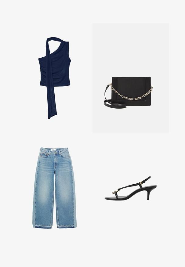 Námořnická modrá top s jedním ramenem vyrobený z měkké tkaniny s volně padením šátku. Obsahuje zpevněnou stranu pro texturu. Klasický a elegantní design.; Světle modré džínové kalhoty širokého střihu, vyrobené z denimu, s vysokým pasem, zapínáním na knoflík, předními kapsami a surovým lemem.; Černé kožené sandály na kotníkovém podpatku s tenkými pásky, zlatou sponou a minimalistickým provlečením na prstech na bílém pozadí.; Černá kožená crossbody taška s hladkým povrchem, obdélníkovým tvarem a kovovým řetízkem na přední straně. Součástí je nastavitelný popruh.