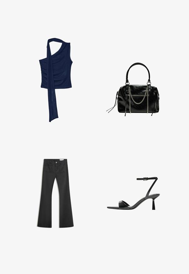 Granatowa bluzka na jedno ramię, wykonana z miękkiego materiału, z opadającym detalem w postaci chusty. Posiada marszczony bok dla tekstury. Klasyczny i elegancki design.; Czarne dżinsy w fasonie z dzwonami, wykonane z denimu o gładkiej teksturze, z dwiema tylnymi kieszeniami i zapięciem na guzik w talii.; Bershka - Sandały na obcasie; Bershka - Torebka