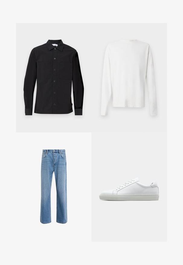 Camicia nera a maniche lunghe con colletto a punta, chiusura frontale con bottoni, due tasche sul petto e un tessuto liscio e testurizzato.; Camicia bianca in cotone a maniche lunghe con scollatura rotonda, spacchi laterali in fondo e una texture liscia, mostrata da dietro.; Jeans in denim blu chiaro con design a gamba dritta, cinque tasche, chiusura con bottone, leggero sbiadimento e dettagli di cucitura a contrasto.; Sneaker bianco con tomaia in pelle liscia e profilo basso. Presenta una punta arrotondata, sei occhielli e una suola in gomma testurizzata.