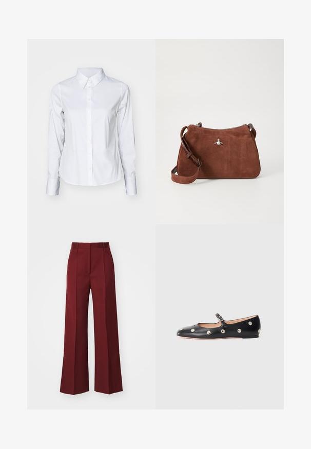 White long-sleeve button-up shirt made of smooth fabric, featuring a pointed collar, a curved hem, and standard cuffs with button closures.; Wide-leg trousers in dark burgundy fabric with front pleats, a flat waistband, and no visible pockets, featuring a smooth texture.; Black leather Mary Jane flat shoe with a rounded toe, featuring silver circular studs and an adjustable strap with a buckle.; Brown suede handbag with a zip closure, adjustable shoulder strap, and silver hardware accent, featuring a subtle textured surface.