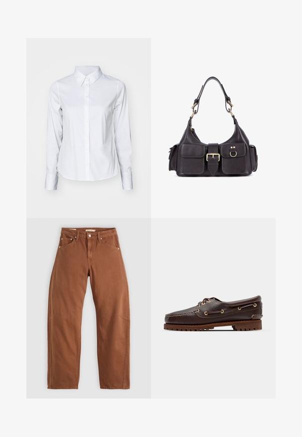 White long-sleeve button-up shirt made of smooth fabric, featuring a pointed collar, a curved hem, and standard cuffs with button closures.; Rust brown straight-leg jeans with front and back pockets, metal rivets, button closure, and belt loops, laid flat on a white background.; Brown leather boat shoe with gold eyelets, round laces, and a textured brown rubber sole. Features stitched detailing and a raised logo.; Dark leather handbag featuring two front pockets, a central buckle, and gold-tone hardware. Smooth texture with a curved silhouette.