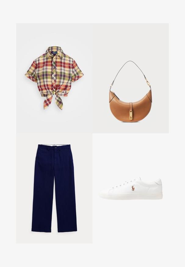 Cropped plaid shirt with a button-down collar. Features red, yellow, green, and blue squares, and a front knot at the hem. Cotton fabric.; Navy blue straight-leg trousers with belt loops, button closure, and side pockets on a plain light background.; White leather sneakers, low-top design, featuring a smooth texture, round toe, laced front, and a small embroidered logo on the side.; Tan leather handbag with a curved shape, gold hardware, and a thin shoulder strap. Features a zipper closure and logo detail on the front.
