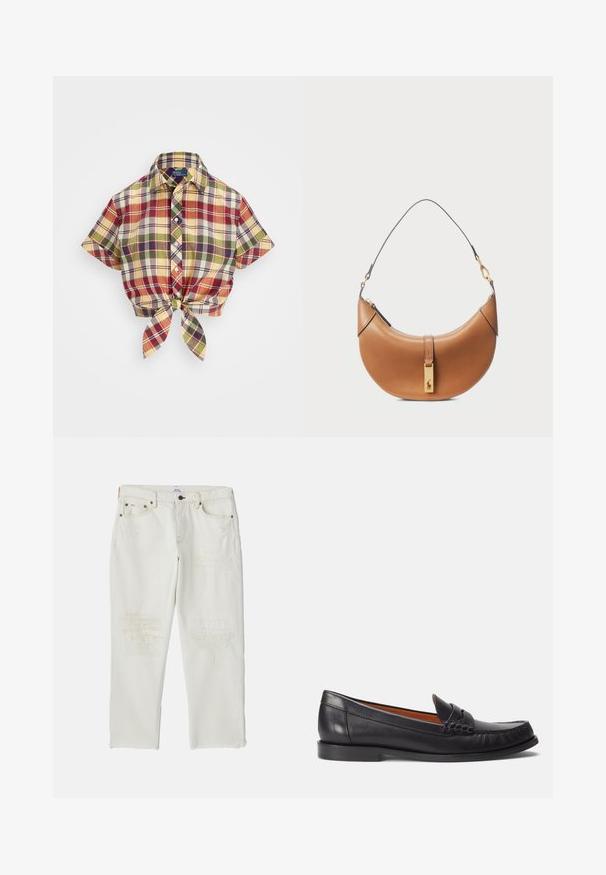 Gekürztes Karoshirt mit einem Button-Down-Kragen. Verfügt über rote, gelbe, grüne und blaue Quadrate sowie einen vorderen Knoten am Saum. Baumwollstoff.; Weiße Denim-Jeans mit einem lockeren Schnitt, die mit abgenutzten Patches, ausgefransten Säumen und kontrastierenden Nahtdetails auf der Vorderseite versehen sind.; Polo Ralph Lauren CALFSKIN PENNY LOAFER - Slipper - black; Taschenhandtasche aus tanfarbenem Leder mit geschwungener Form, goldenen Beschlägen und einem dünnen Schulterriemen. Verfügt über einen Reißverschlussverschluss und ein Logodetail auf der Vorderseite.