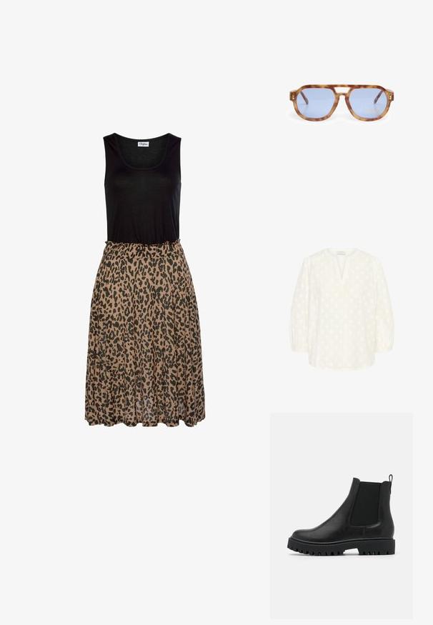 Kaffe Camicetta - chalk; Top senza maniche nero con stampa leopardata, gonna morbida marrone. La gonna presenta una vita elastica arricciata e una texture di tessuto fluida.; Stivale Chelsea in pelle nera con pannelli elasticizzati ai lati, una linguetta per l'aderenza e suola spessa e robusta con scanalature profonde per maggiore trazione.; Occhiali da sole tartaruga con lenti blu, design angolare, montatura spessa e intaglio sul ponte nasale; presenta un accento dorato sulla tempia.; Borsa a tracolla beige realizzata in tessuto morbido, con una forma curva, una tracolla regolabile e un logo discreto sul davanti.