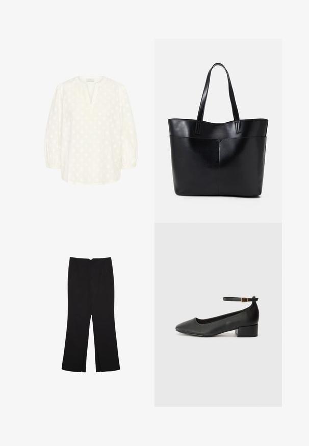 Kaffe Camicetta - chalk; Pantaloni neri a gamba dritta, con tasche frontali e spacchi laterali all'orlo. Realizzati in tessuto morbido e liscio. Adatti a diverse occasioni.; Pump in pelle nera con punta affusolata e tacco basso a blocco. Presenta una cinghia alla caviglia con una fibbia in tonalità oro. Texture liscia.; Borsa a tracolla in pelle nera con due manici lunghi, una texture liscia e una forma strutturata. Presenta una tasca frontale per ulteriore spazio di archiviazione.