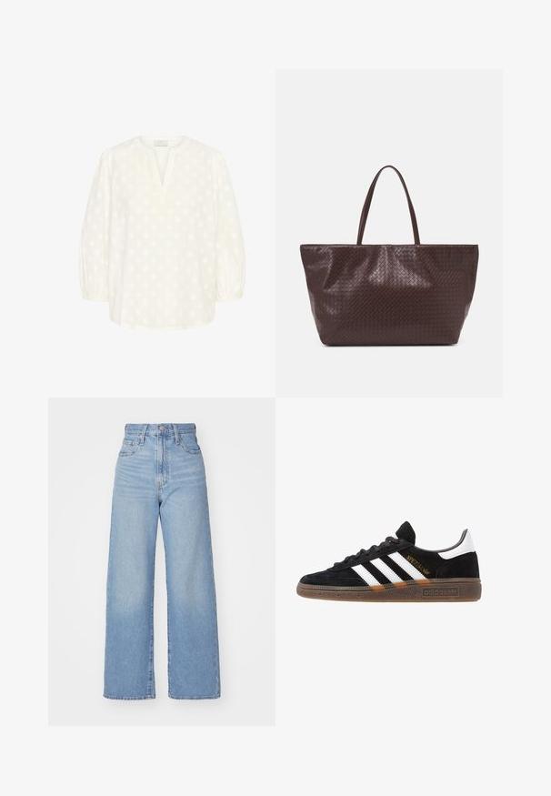 Kaffe Blouse - chalk; Jean large taille haute bleu clair avec bouton et fermeture éclair à l'avant, poches avant et arrière, sur fond blanc.; Baskets Adidas noires avec rayures blanches, inscription dorée "Spezial", semelle en gomme et languette blanche au talon, présentées en vue de profil.; Sac à tote en cuir tressé marron avec deux poignées, une forme structurée et une surface texturée, présentant un motif en losanges sur toute sa surface.