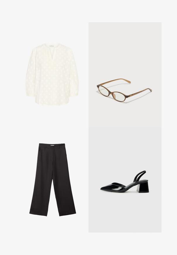Kaffe Blouse - chalk; Black wide-leg trousers made of smooth fabric, featuring a front zipper and two side pockets, with a tailored fit and minimalistic design.; Black patent leather slingback heels with a pointed toe and a geometric block heel. Features a sleek, minimal design and smooth texture.; Brown tortoiseshell glasses with oval lenses, thin arms, and transparent accents. Features a subtle logo on the temple. Sleek, lightweight design.; Brown leather crossbody bag with a curved shape, gold hardware, and a buckle accent. Features a detachable shoulder strap.