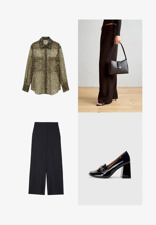 Transparante button-up shirt met een slangenprint in bruintinten en beige, met lange mouwen en een ronde onderkant.; Zwarte wijde broek in donkerblauw materiaal, met een gladde textuur, voorplooien en decoratieve goudkleurige ogen op de zijzakken.; Zwarte lakleren hoge hak met een spitse neus en blokhak. Bevat een decoratieve band en gespdetail op de wreef.; Zwarte handtas met gestructureerde vorm, gladde textuur en een metalen sluiting. Gecombineerd met brede zwarte broeken en sandalen met open teen op een houten vloer.