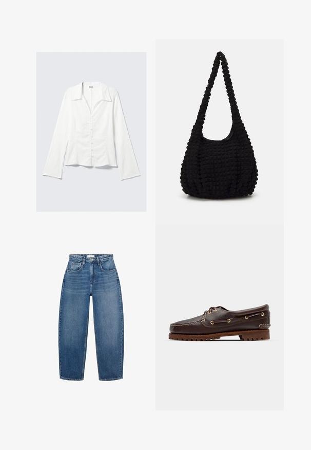 Camicia bianca con bottoni, colletto strutturato e maniche lunghe svasate. Tessuto testurizzato con un motivo sottile. Bottoni sul davanti.; Jeans in denim blu a vita alta con design a gamba dritta, dotati di cinque tasche, passanti per cintura e leggera scoloritura per un tocco di texture.; Scarpa da barca in pelle marrone con occhielli dorati, lacci tondi e una suola in gomma marrone texturizzata. Presenta dettagli cuciti e un logo in rilievo.; Borsa in tessuto nero con una singola tracolla intrecciata, caratterizzata da una forma gonfia e un design della superficie arricciato.