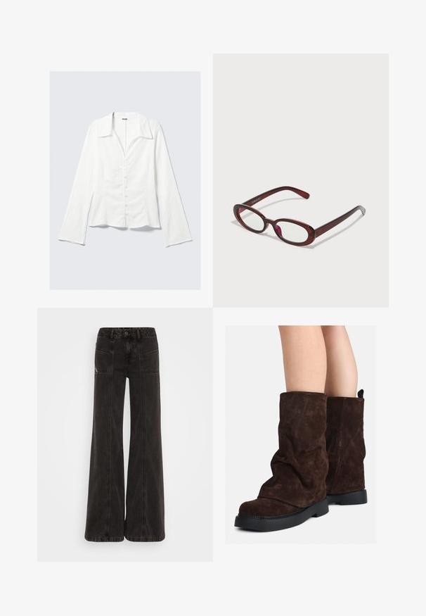 Camisa branca de botões com colarinho estruturado e mangas longas e evasê. Tecido texturizado com padrão subtil. Botões na frente.; Calças de ganga largas e pretas, com uma cintura alta, bolsos frontais e costuras tonais ao longo das costuras.; Botas marrons em camurça até a metade da panturrilha com solas de borracha pretas, usadas sobre pernas nuas, mostrando ligeiras rugas nos canos das botas.; Óculos de sol vermelhos em forma oval com lentes transparentes e armação fina castanha. O design apresenta curvas subtis e hardware minimalista.