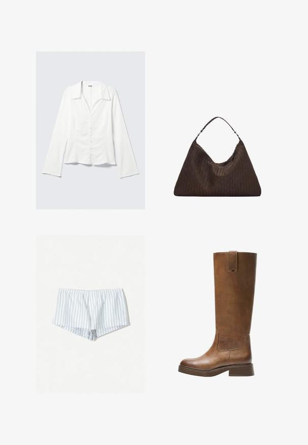 Chemise blanche à boutons avec un col structuré et des manches longues évasées. Tissu texturé avec un motif subtil. Boutons sur le devant.; Shorts blancs avec des rayures bleues, taille élastique et coupe décontractée. Présente un détail de bouton à l'avant, texture de tissu douce.; Botte en cuir marron, montée jusqu'au genou, avec un bout arrondi, une surface texturée et un petit talon empilé. Elle présente un panneau latéral et une languette sur le dessus.; Sac à main en cuir tissé marron avec une forme triangulaire et souple. Il possède une poignée tressée et une fermeture éclair sur le dessus.