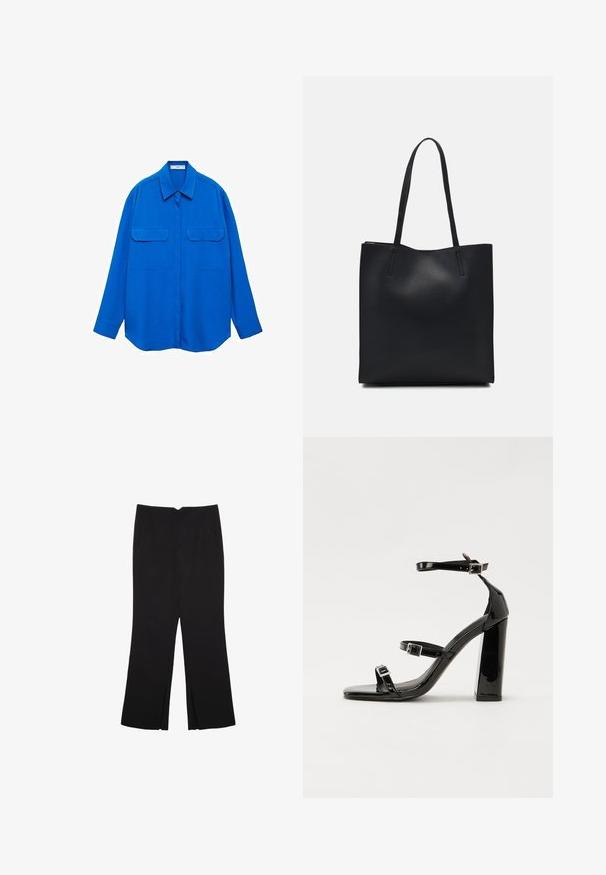 Blue long-sleeve shirt with a collar, two front pockets, and a straight cut. Made of smooth fabric with a solid color and no patterns.; Black trousers with a straight fit, featuring front pockets and side slits at the hem. Made of soft, smooth fabric. Suitable for various occasions.; Black patent heeled sandals with a square toe, ankle straps, and silver buckles. Features a chunky block heel for stability.; Black leather tote bag with smooth texture, rectangular shape, and two long handles. No visible hardware or embellishments.