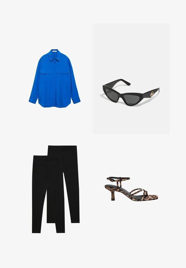 Blå langærmet skjorte med krave, to frontlommer og lige snit. Lavet af glat stof i ensfarvet design uden mønstre.; Sorte leggings lavet af strækbart stof med en sømløs talje og en slim fit design, velegnet til afslappet brug eller træning.; Sandaler med hæl i leopardmønster og firkantet tå, med flere stropper og en mellemhøj hæl. Fremstillet af blødt tekstilmateriale.; Cat-eye solbriller med en mat sort kunststoframme, mørke linser og en guldfarvet logoaccent på stænger. Vinklet design og glat overflade.; Brun læder crossover taske med logo mønster, guldkæde rem, lynlås lukning og gyldne hardware detaljer. Kompakt og rektangulær form.