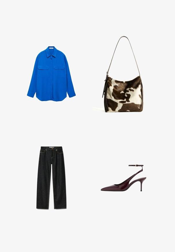 Modra srajca z dolgimi rokavi, ovratnikom, dvema sprednjima žepoma in ravnim krojem. Narejena iz gladkega blaga enotne barve, brez vzorcev.; Temno modri kavbojki s ravnim krojem, zapiranje na mesingasto gumb, in kontrastnim rumenim šivanjem. Imajo pet žepov in klasičen kroj.; Burgundska lakasta čevlja s koničastim nosom in zanko okoli gležnja, z nežnim petnim peto in srednje visokim stiletto peto na belem ozadju.; Rjav in krem torba iz kravjega usnja s gladkim usnjenim trakom, z zadrgo in mehko, strukturo površino, ki prikazuje naravni vzorec.