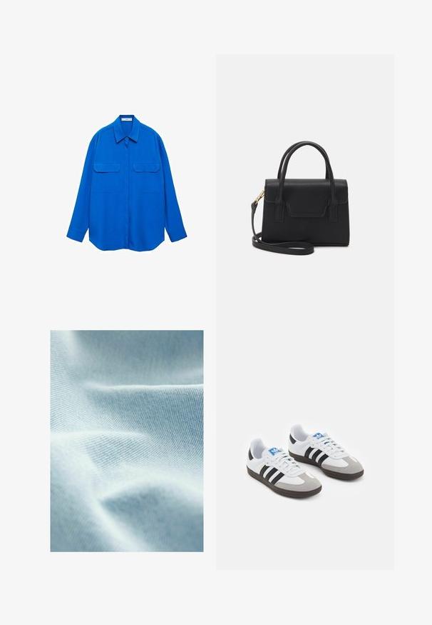 Camicia blu a maniche lunghe con colletto, due tasche frontali e taglio dritto. Realizzata in tessuto liscio con un colore uniforme e senza fantasie.; Tessuto azzurro chiaro con una texture liscia e una fine trama diagonale, che mostra morbide pieghe e sottili variazioni di tonalità.; Scarpe sportive con tomaia in pelle bianca, punta in suede grigia e tre strisce nere. Presentano un logo blu sulla linguetta e una suola in gomma testurizzata.; Borsa a mano strutturata nera in pelle con manico superiore, tracolla staccabile e dettaglio con pattina frontale. Accenti in hardware dorato.