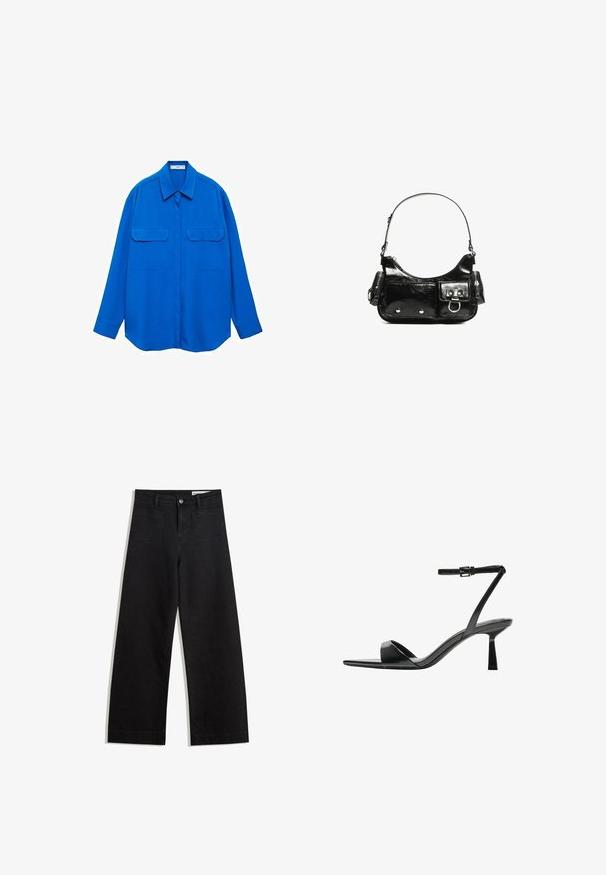 Blaues Langarmhemd mit Kragen, zwei Fronttaschen und gerader Schnittführung. Aus glattem Stoff, einfarbig und ohne Muster.; Schwarze weit geschnittene Jeans mit hoher Taille, ausgestattet mit Vorder- und Hintertaschen, gesteppten Nähten und einem Knopfverschluss. Glatte Textur.; Bershka High Heel Sandalette - black; Schwarze Lackleder-Handtasche mit geschwungenem Design, einem Schulterriemen, Vordertaschen und silberfarbenen Hardware-Akzenten.