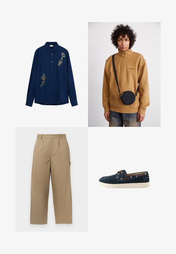 Marineblauwe lange mouw knoopsluiting shirt met verticale strepen, met kleurrijke geborduurde ontwerpen op de voorkant. Katoenmengsel.; Beige wijde broek van een katoenmix, met een hoge taille, voorvouwen en twee zijzakken met een knoopsluiting.; Marineblauwe boot schoenen van stof met witte stiksels en een rubberen zool. Voorzien van bruine veters en oogjes. Rond toe ontwerp.; Bruine fleece sweatshirt met kwart rits en geborduurd logo, met een zwarte ronde crossbody tas met rits en logo detail, gedragen over denim.