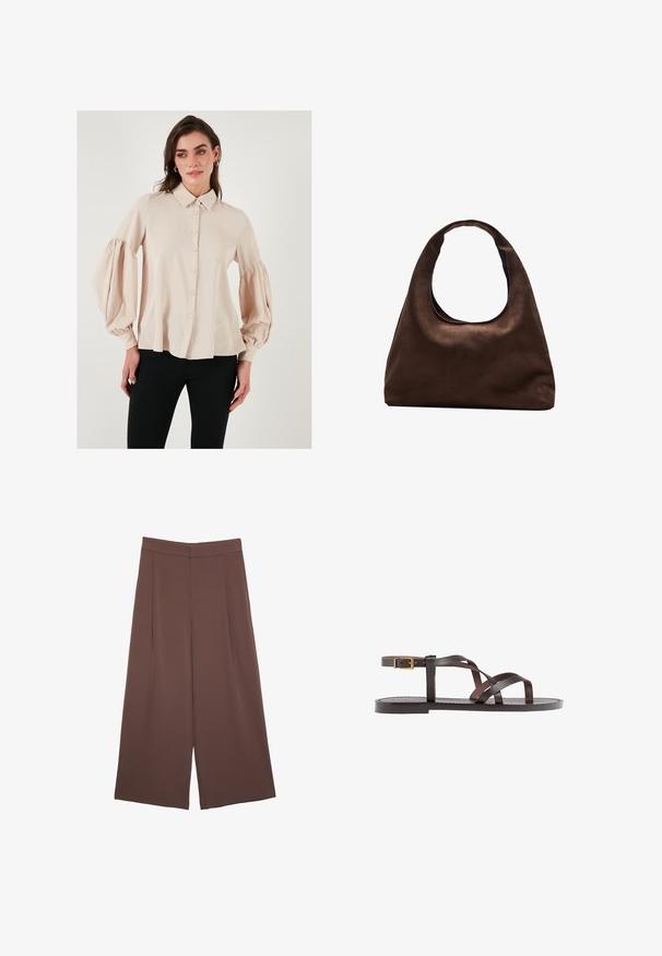 Beige napapaita, jossa on kaulus ja pullistuneet pitkät hihat. Silkkinen kangas rentoa mitoitusta varten, suora helma.; Ruskeat leveälahkeiset housut, joissa on sileä pinta, korkea vyötärö ja etupleat. Kangas on kevyttä ja laskeutuu väljänä.; Ruske kožne sandale s križnim trakama, zatvaranjem na kopču oko gležnja i ravnim potplatom s minimalnim detaljima šivanja.; Pehmeä ruskea hobo-tyylinen käsilaukku, jossa on yksi leveä olkahihna ja kaareva yläosan aukko, esitelty valkoista taustaa vasten.