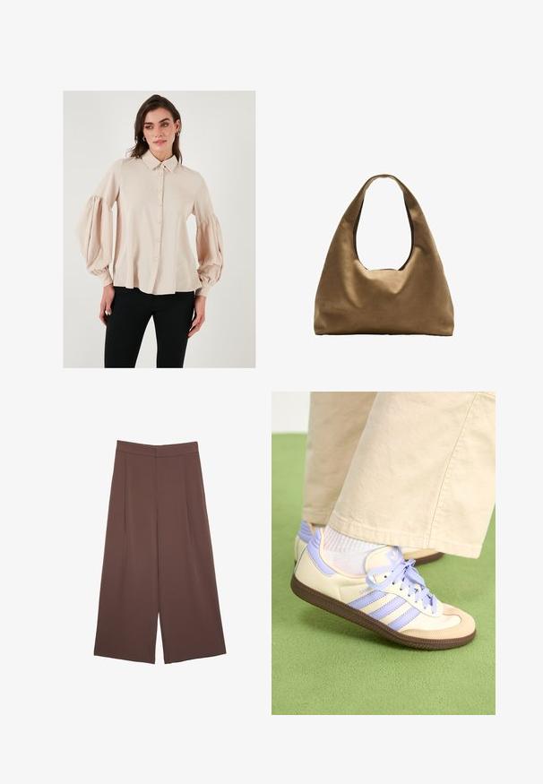 Beige button-up blouse with a collar and puffed long sleeves. Smooth fabric with a relaxed fit, featuring a straight hemline.; Brown wide-leg trousers with a smooth texture, featuring a high waist and front pleats. The fabric is lightweight and flows loosely.; Cream and lavender sneakers with three stripes and a textured brown sole, featuring laces and a padded heel. Soft fabric upper.; Brown fabric shoulder bag with a wide, rounded body and a large cutout handle. Soft texture, minimalistic design, and no visible hardware.