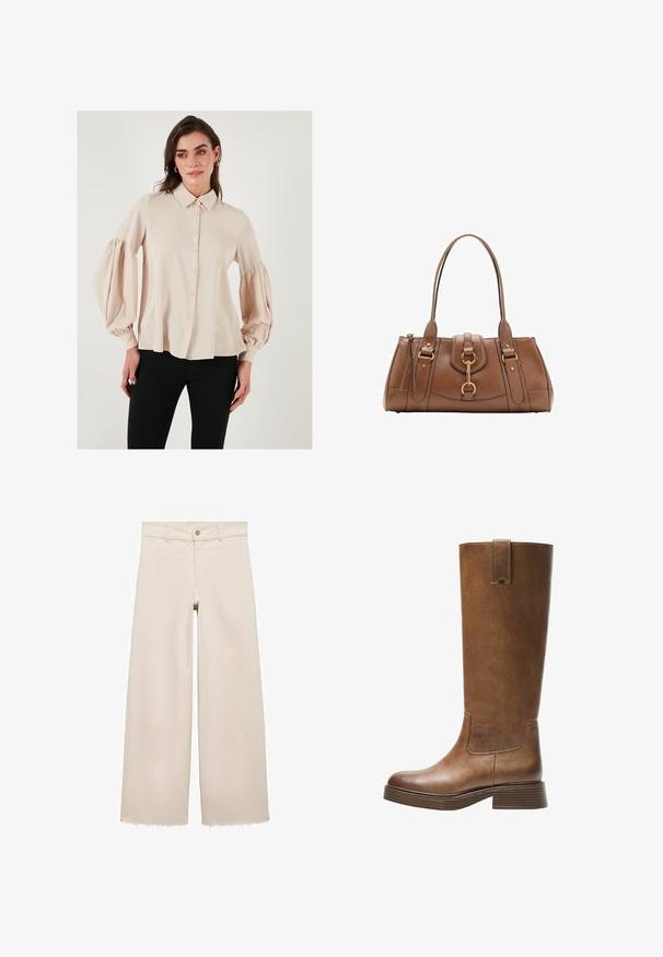 Beige button-up blouse with a collar and puffed long sleeves. Smooth fabric with a relaxed fit, featuring a straight hemline.; Beige wide-leg jeans with a high waist, featuring a button closure, front pockets, and frayed hem. Made of denim fabric.; Brown leather knee-high boot with a rounded toe, textured surface, and a stacked low heel. Features a side panel and pull tab at the top.; Brown leather handbag with dual handles, gold hardware accents, and structured design. Features a central flap with a loop detail.
