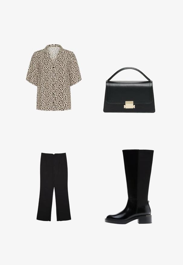 Leopard-mønstret kortærmet skjorte i beige, med spids krave, knaplukning foran og let stof med en glat tekstur.; Sorte bukser med lige pasform, der har frontlommer og slidser i kanten. Lavet af blødt, glat stof. Velegnet til forskellige anledninger.; Sort knæhøj støvle med glat læderfinish, tydelig syning, en klodset hæl og en struktureret bagpanel for ekstra interesse.; Sort læderhandtaske med et struktureret design, topbærerhåndtag og en detalje i guldfarvet metalklap på fronten. Glat tekstur, minimal syning.