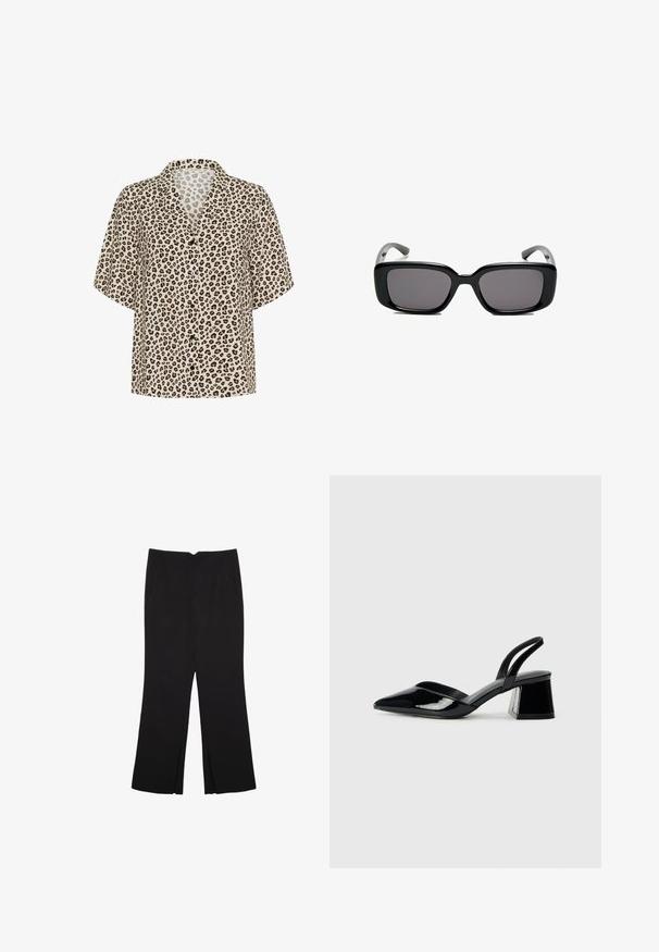 Camicia a maniche corte con stampa leopardata in beige, caratterizzata da un colletto a femmina, chiusura con bottoni e tessuto leggero con una consistenza morbida.; Pantaloni neri a gamba dritta, con tasche frontali e spacchi laterali all'orlo. Realizzati in tessuto morbido e liscio. Adatti a diverse occasioni.; Décolleté in vernice nera con punta affusolata e tacco in geometria cubica. Presentano un design elegante e minimalista, con una texture liscia.; Occhiali da sole neri rettangolari con lenti scure, montatura in plastica liscia e tempie curve. Il design è voluminoso con un'estetica minimalista.