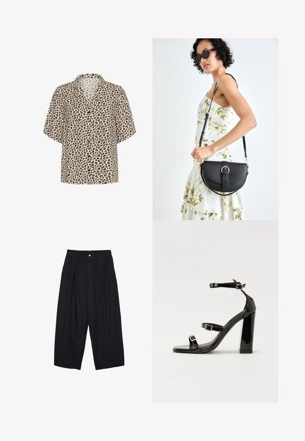 Leopard-print short-sleeve shirt in beige, featuring a notched collar, button front, and lightweight fabric with a smooth texture.; Black polyester culotte pants with an elastic waistband, two front pleats, and a loose silhouette. No visible patterns or hardware details.; Black patent heeled sandals with a square toe, ankle straps, and silver buckles. Features a chunky block heel for stability.; Black leather handbag with a curved shape, detachable strap, and gold hardware. The bag features a flap with a buckle detail.