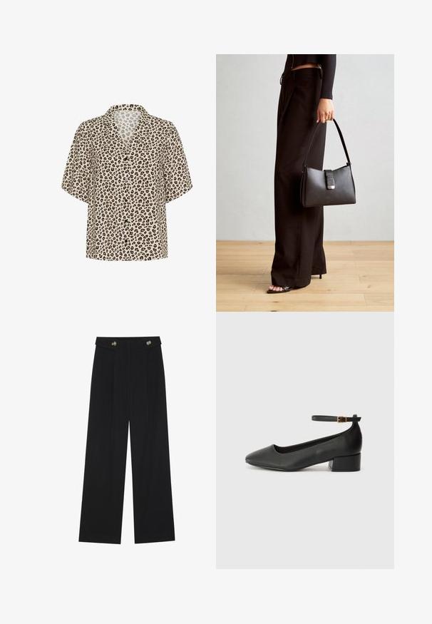 Bežiškos leopardų raštas trumpų rankovių marškiniai, su išpjauto tipo apykakle, sagų priekyje ir lengvos medžiagos, turinčios lygią tekstūrą.; Juodi plačios kojos kelnės su aukštu liemeniu, sagų detalėmis ant liemens ir priekinėmis raukšlėmis.; Juodas odinis aukštakulnis batelis su smailiu pirštu ir žemu bloku. Su kulkšnies dirželiu su auksinės spalvos sagtimi. Lygus paviršius.; Juodas rankinė struktūrizuota forma, lygi tekstūra ir metalinis užsegimas. Suporuota su plačiomis juodomis kelnėmis ir atvirais bateliais ant medinių grindų.