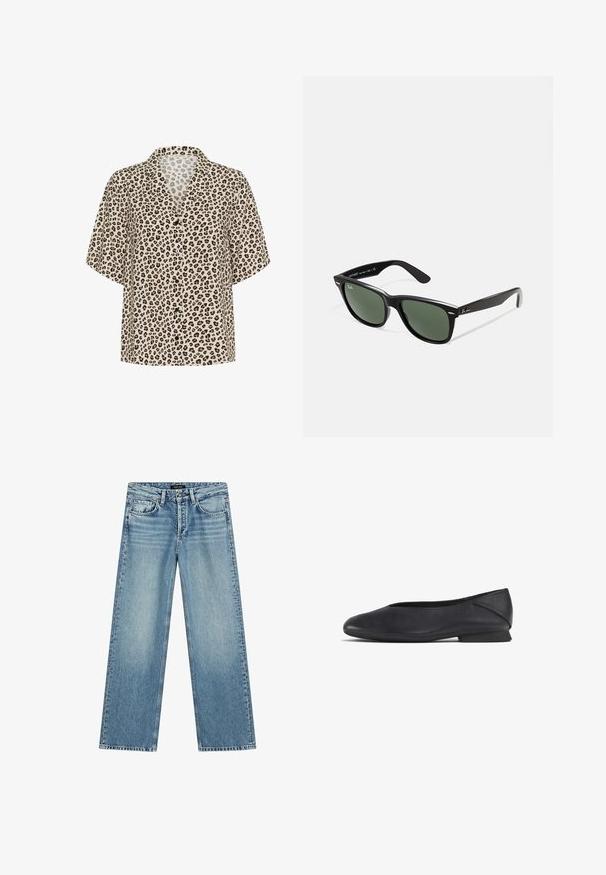 Leopardmönstrad kortärmad skjorta i beige, med slagkrage, knappstängning och ett lätt tyg med en slät yta.; Ljusblå jeans med vida ben tillverkade av denim. Har fem fickor, knapplåsning och subtil blekning som skapar ett strukturerat utseende.; Svarta läderskor med låg klack och rund tå, designade för både avslappnad och formell användning.; Svarta plastsolglasögon med gröna linser, fyrkantiga bågar, silverdetalj på ögonbrynet och texturerade skalmar. Angiven märkning på den inre skalmen.