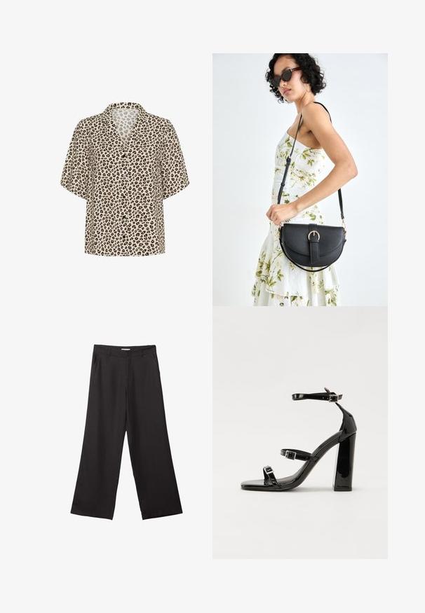 Leopard-print short-sleeve shirt in beige, featuring a notched collar, button front, and lightweight fabric with a smooth texture.; Black wide-leg trousers made of smooth fabric, featuring a front zipper and two side pockets, with a tailored fit and minimalistic design.; Black patent heeled sandals with a square toe, ankle straps, and silver buckles. Features a chunky block heel for stability.; Black leather handbag with a curved shape, detachable strap, and gold hardware. The bag features a flap with a buckle detail.