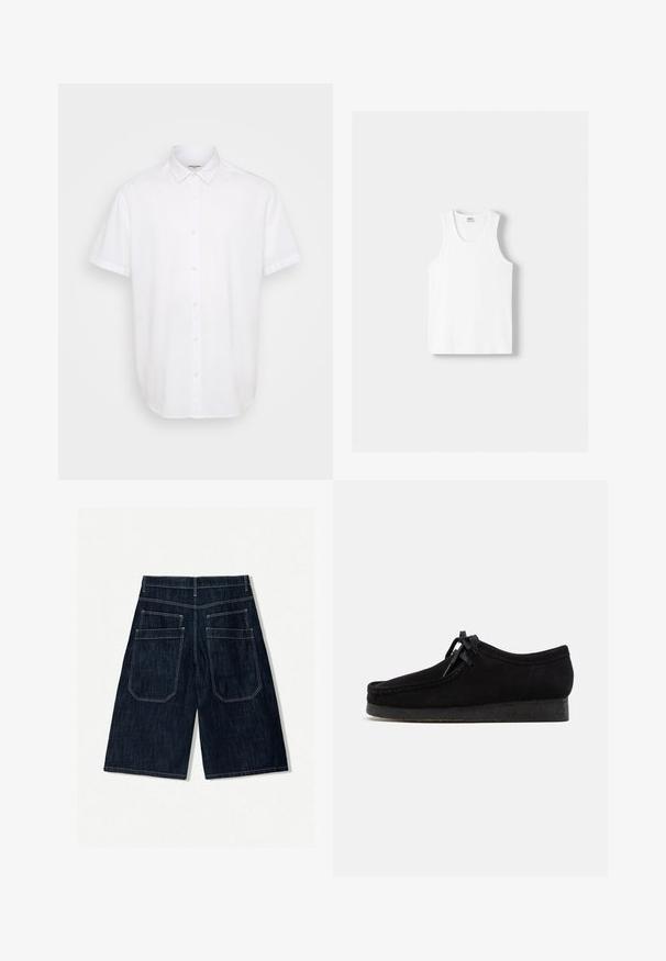 Witte korte mouwen overhemd met knopen, gemaakt van lichtgewicht stof. Heeft een klassieke kraag, rechte zoom en subtiele textuur.; Witte katoenen tanktop met een ronde halslijn, brede schouderbanden en een rechte zoom, met een gladde textuur en zonder zichtbare patronen.; Donkerblauwe spijkerbroekshorts met een losse pasvorm, voorzien van twee achterzakken, contrasterende stiksels en een recht ontwerp.; Zwarte suède schoenen met een rond teenontwerp, een vetersluiting aan de voorkant en een gestructureerde zwarte rubberen zool. Gladde bovenkant met subtiele stikseldetails.