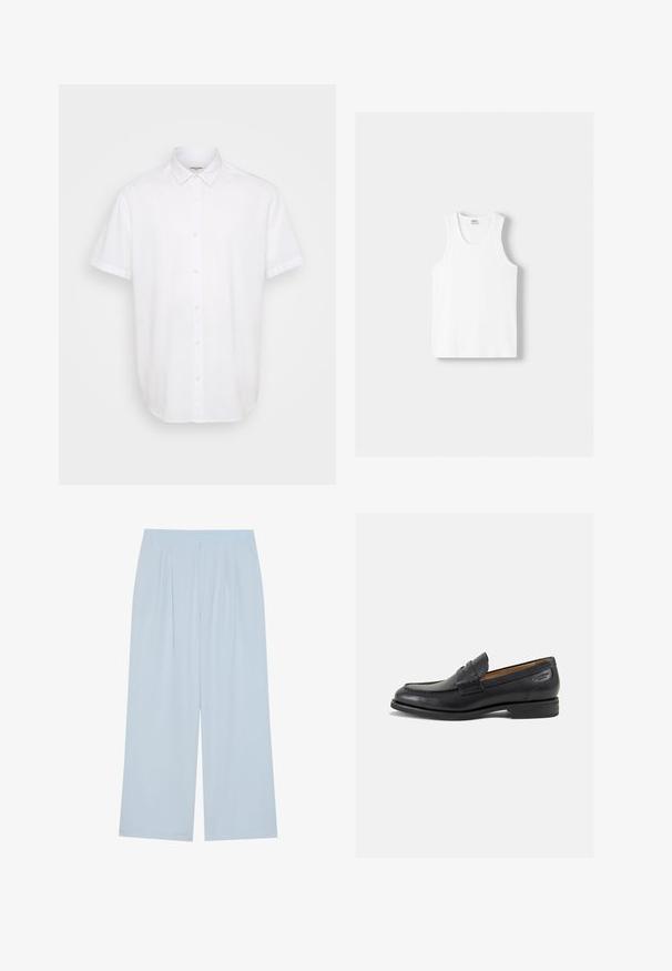 Cămașă albă cu mânecă scurtă și guler, confecționată dintr-un material ușor. Prezintă un guler clasic, tiv drept și o textură subtilă.; Top din bumbac alb, cu decolteu rotund, bretele late și margine dreaptă, având o textură fină și fără modele vizibile.; Pantaloni largi de culoare albastru deschis, confecționați dintr-un material neted, având pliseuri frontale și un talie elastică pentru confort.; Mocasini din piele neagră cu o finisare netedă, vârf rotund și cusături decorative pe partea superioară. Toc mic și stivuit, cu o ușoară strălucire.